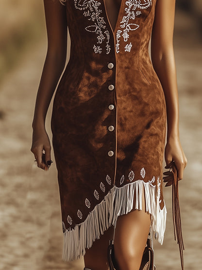 Vintage Western Paisley Brown Suede Vest Dress