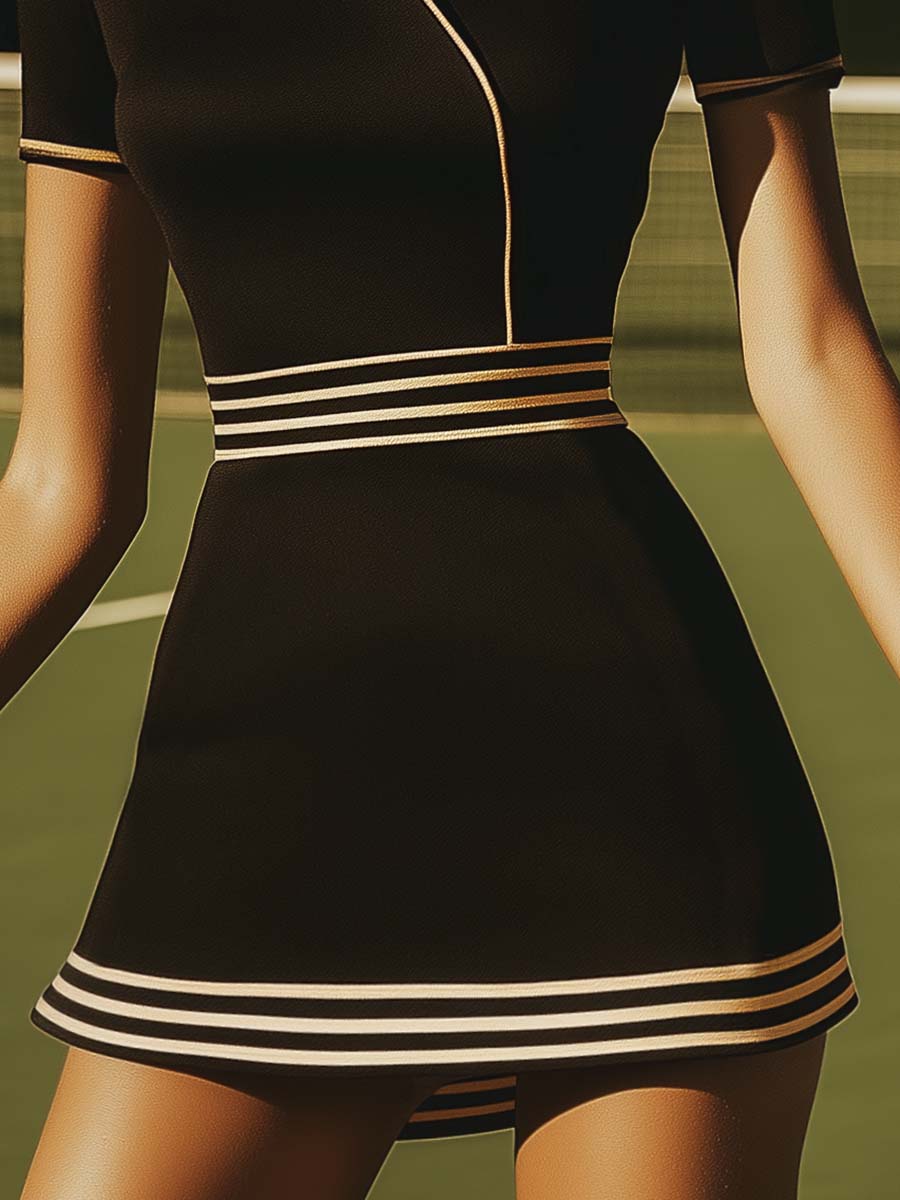 Fashionable Sporty Short-sleeved Gold Trim Black Mini Dress