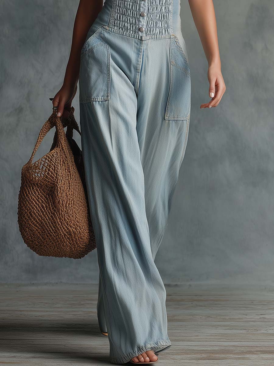 Retro Personality Light Blue Distressed Denim Overalls Jumpsuit
