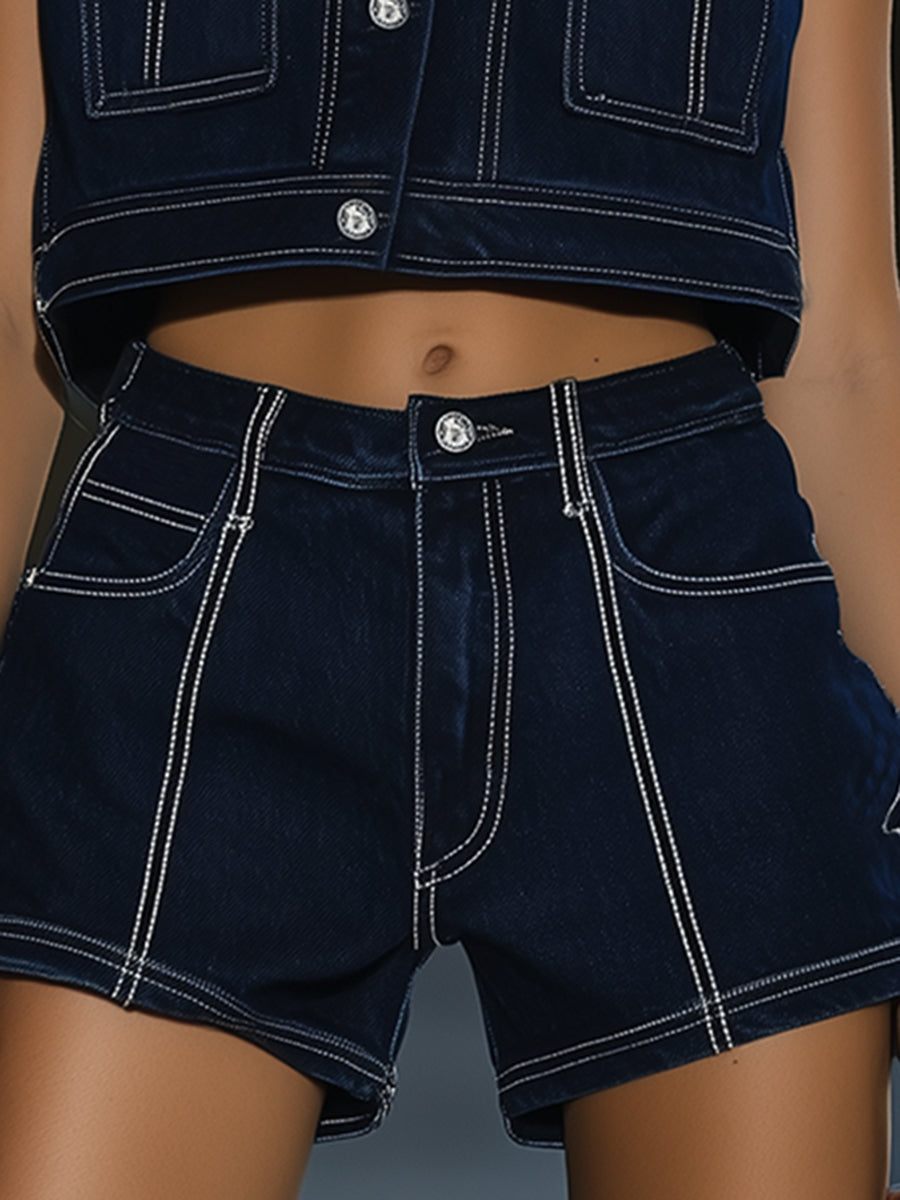 Casual Fashionable Loose Dark Blue Vest Shorts Denim Set