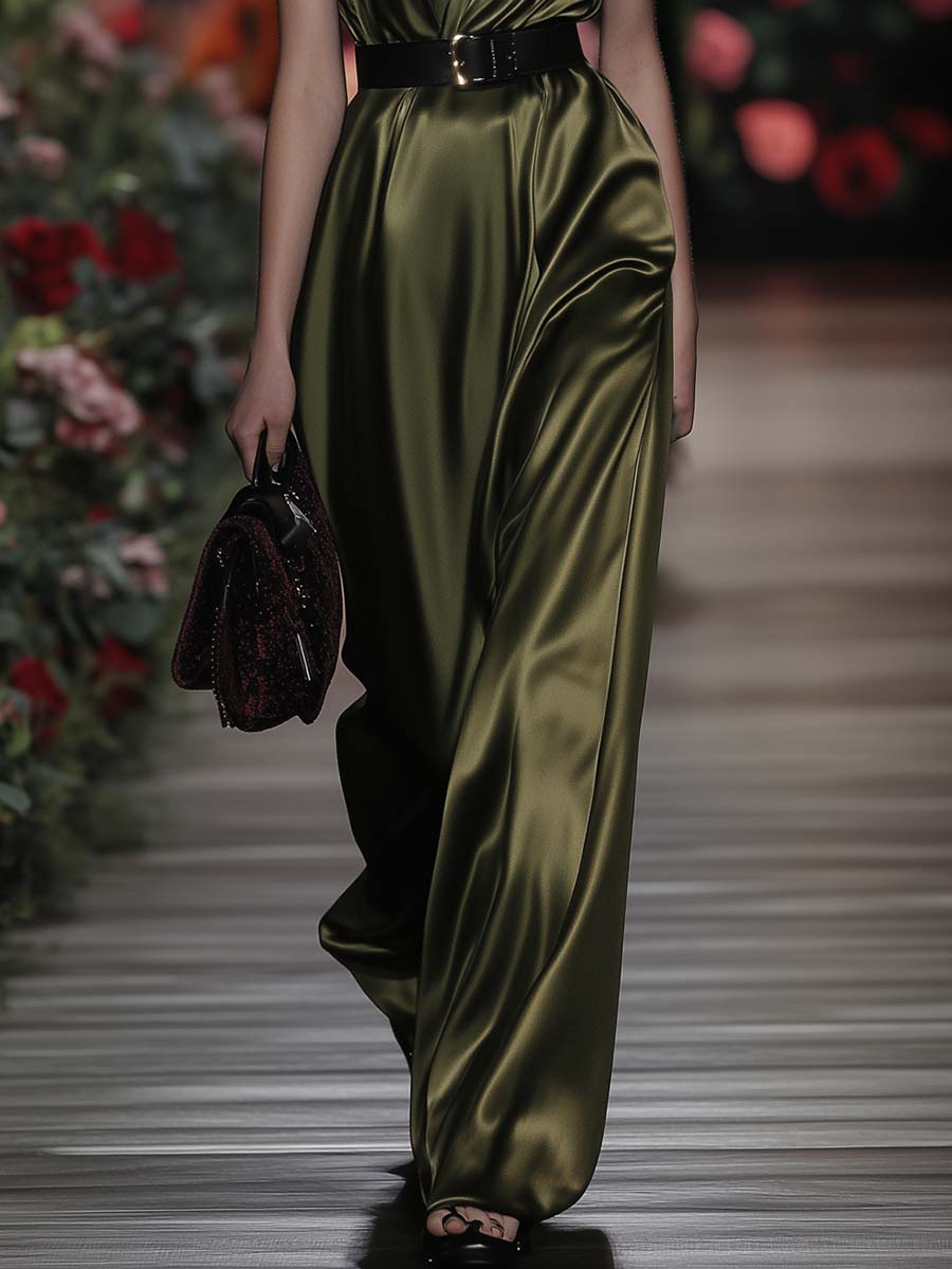 Fashion V-neck Sleeveless Belted Olive Green Satin Jumpsuit