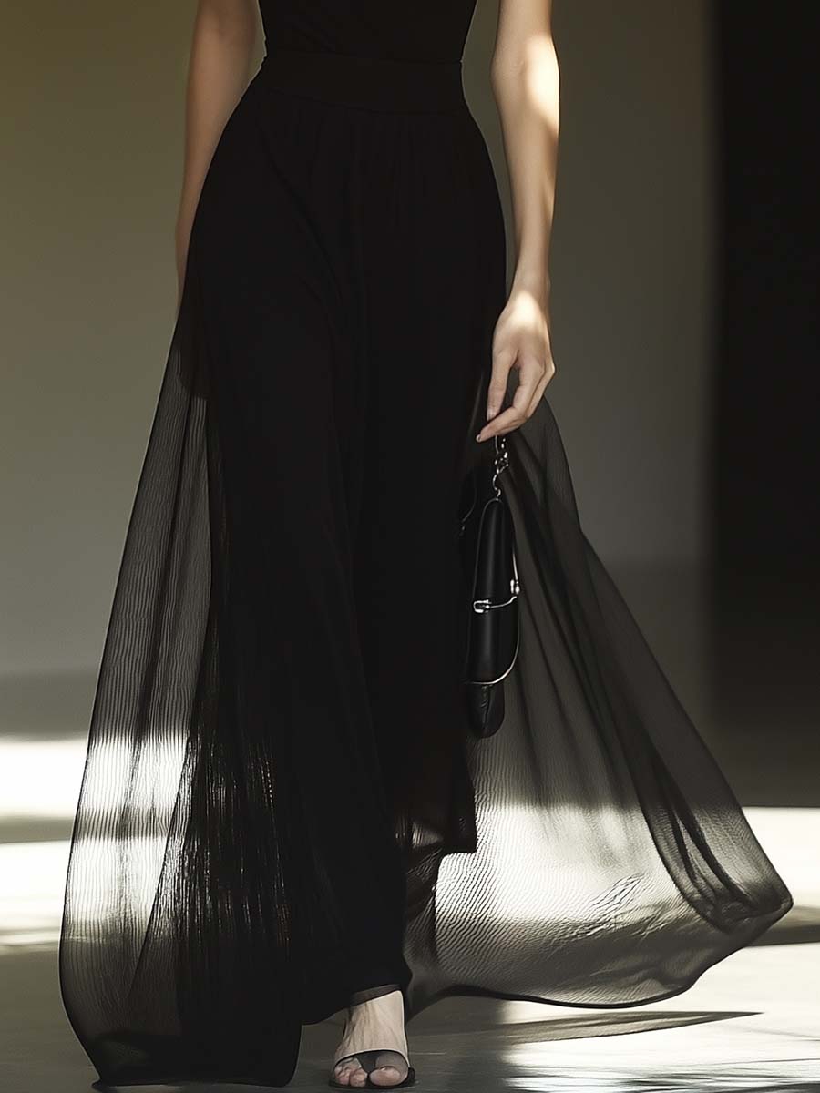 Elegant V-neck Sleeveless Outer Tulle Black Maxi Dress