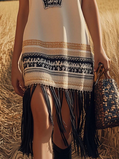 Bohemian V-neck Sleeveless Geometric Embroidery Trim Tassel Midi Dress