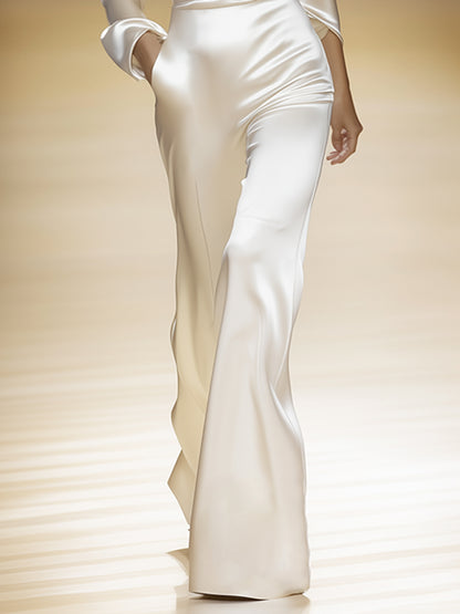 Elegant And Exquisite One-Shoulder White Satin Wide-Leg Jumpsuit