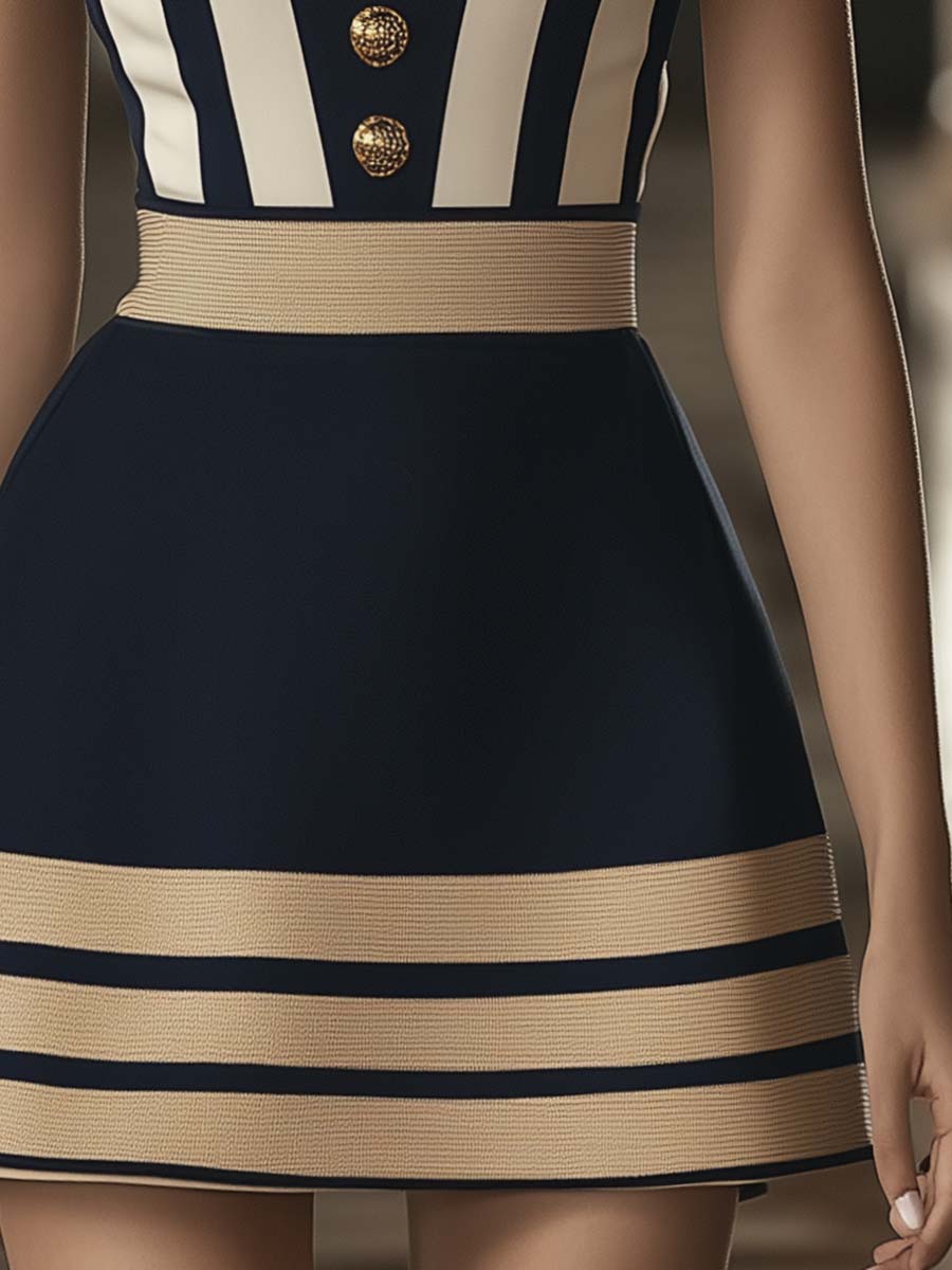 Fashion Striped Gold Trim Contrast Color Mini Dress