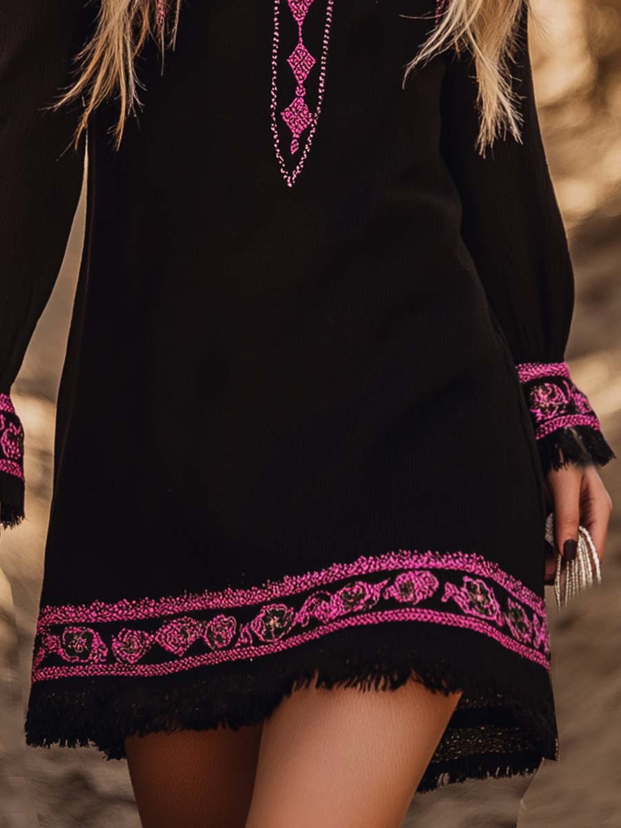 Fashion Western Pink Embroidery Black Mini Dress