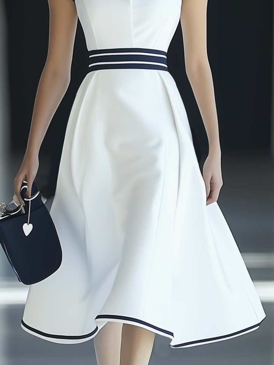 Fashion Navy Collar Short Sleeves A-line White Midi Dress