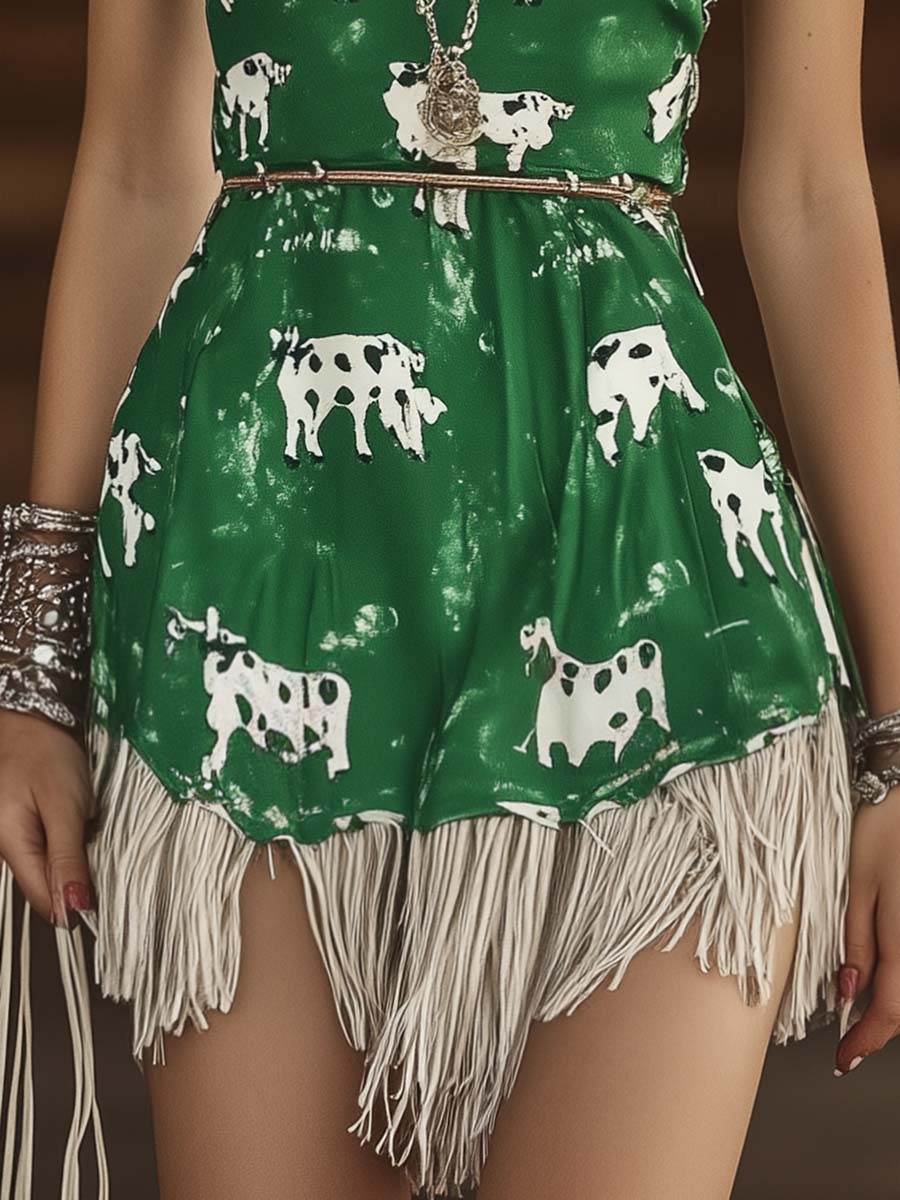 Fashion Western Cute Cow Print Tassel Green Mini Dress