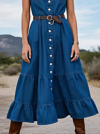 Retro Fashion Sleeveless Ruffle Hem Denim Maxi Dress