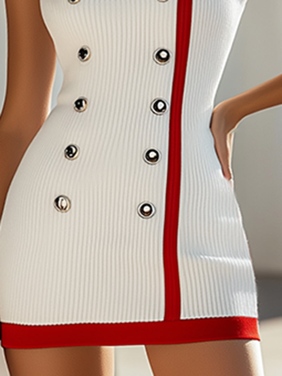 High Fashion Red Contrast Sleeveless White Knit Mini Dress