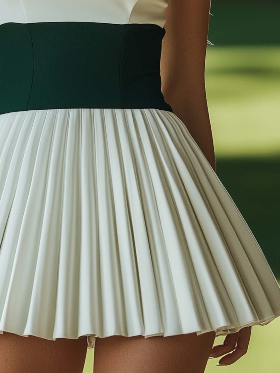 Elegant Sporty Polo Collar White and Green Contrast Pleated Mini Dress