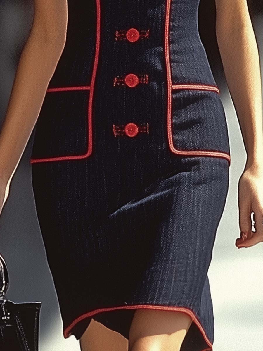 Elegant and Fashionable Red Trim Denim Suspenders Mini Dress