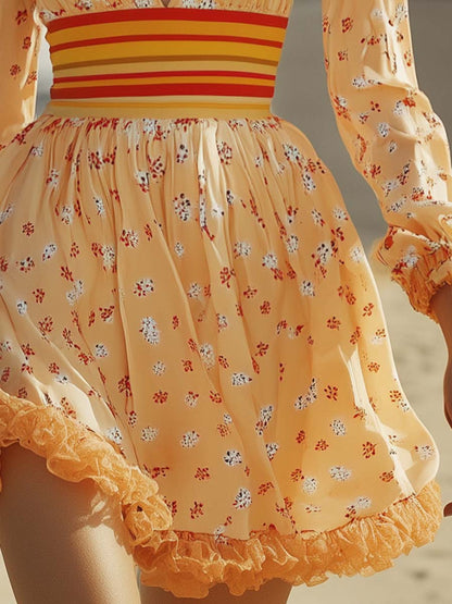 Fashionable and Energetic V-neck Floral Print Lace Edge Orange Mini Dress