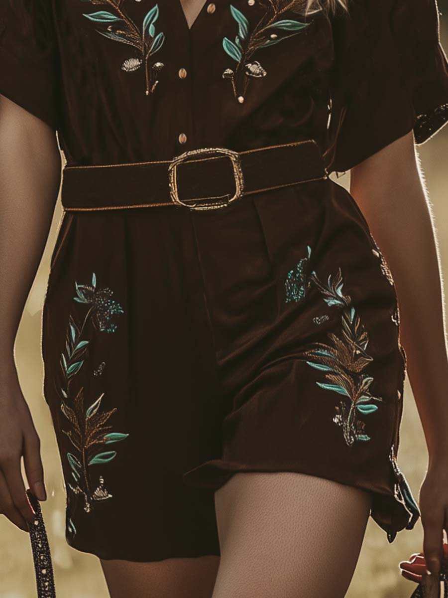 Fashion Western Embroidery Dark Brown Short Sleeve Shorts Jumpsuit