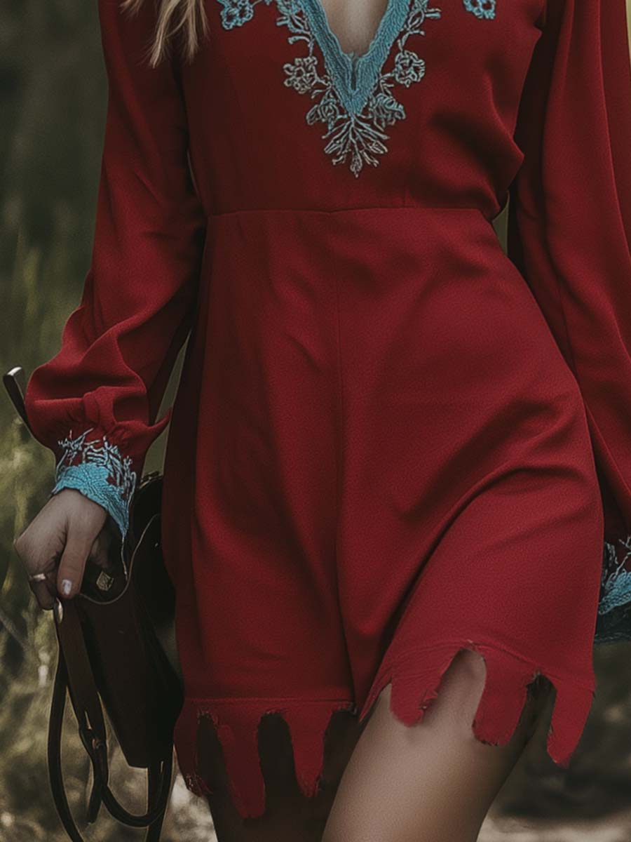 Fashion Western Contrast Color V-neck Embroidery Red Mini Dress