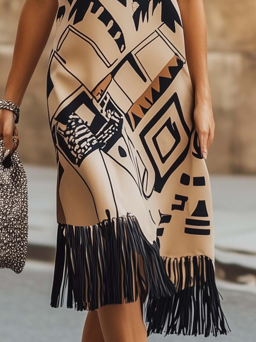 Fashionable V-neck Sleeveless Geometric Print Tassel Beige Midi Dress