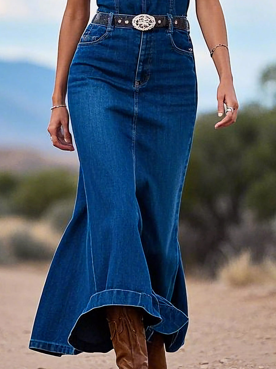 Vintage Casual Fashion Blue Denim Suspender Maxi Dress