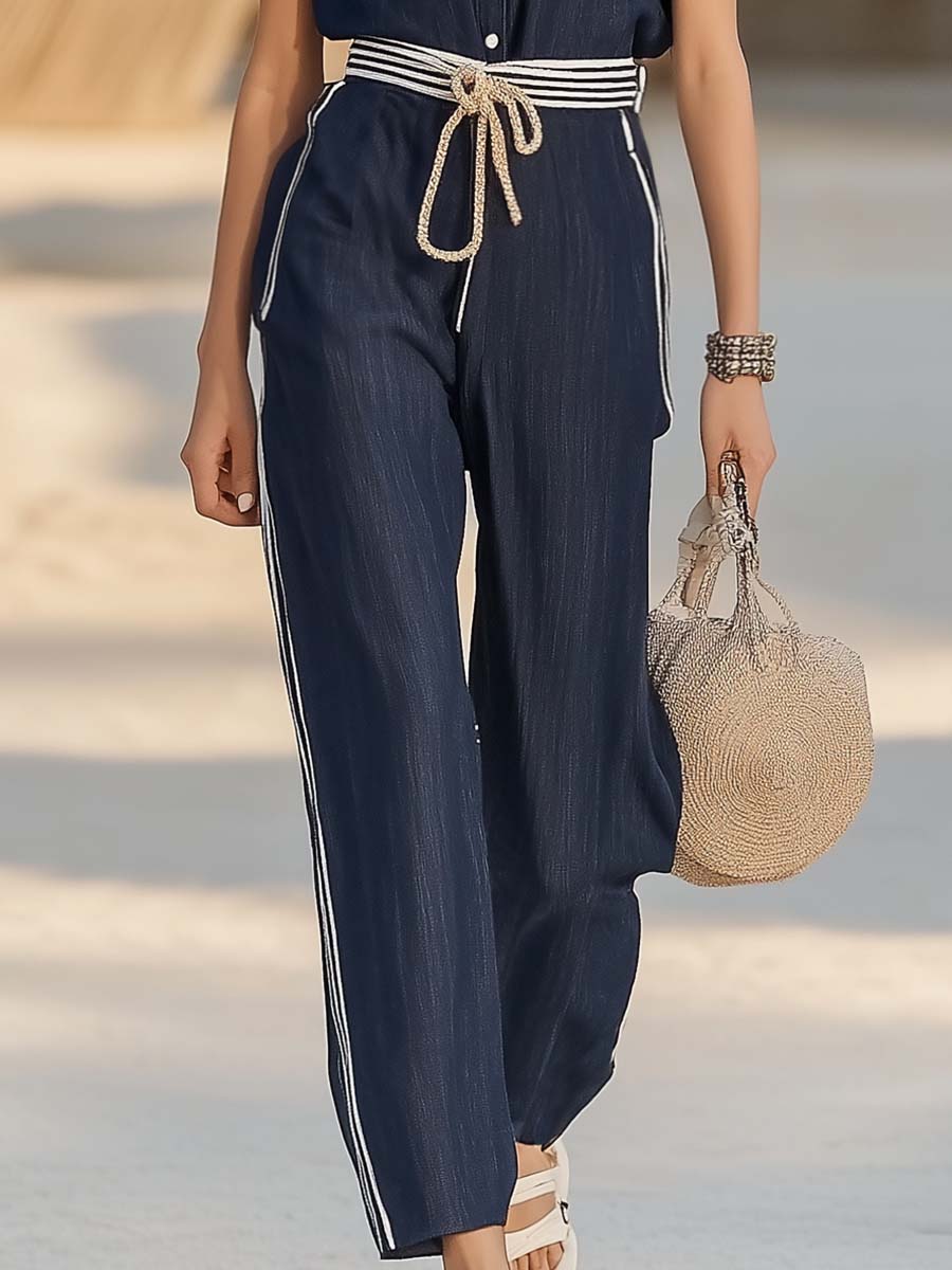 Elegant and Stylish Shirt Collar with Striped Trim Navy BlueJumpsuit