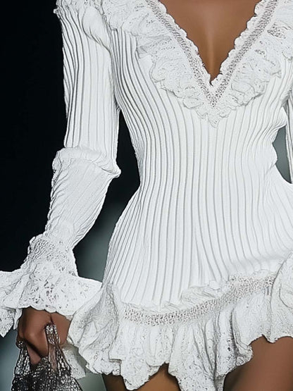 Fashion V-neck Lace Trim White Thin Ribbed Mini Dress