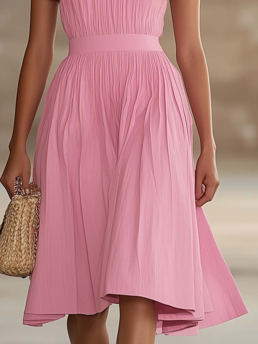 Fashion Square Neck Bubble Short Sleeve Pink Texture Midi Dress