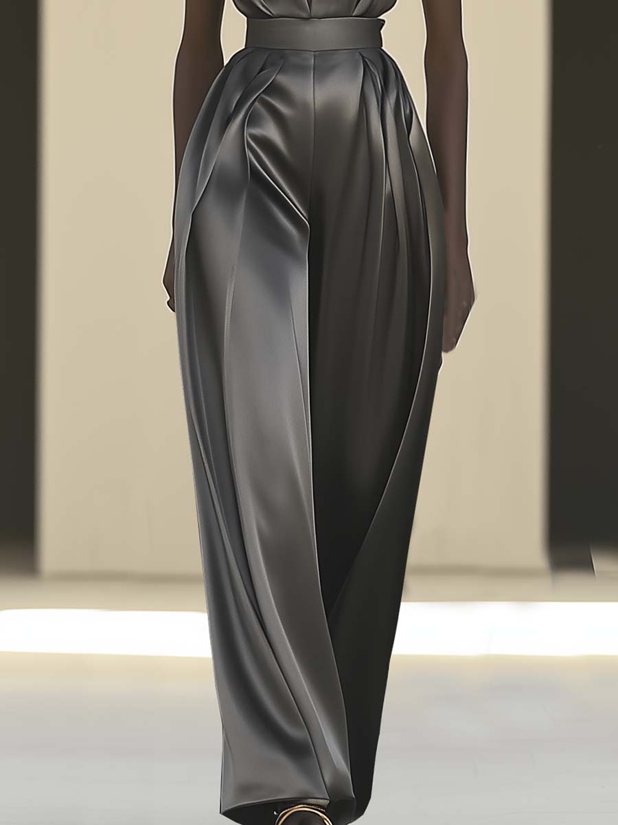 Elegant Halterneck V-neck Grey Satin Jumpsuit