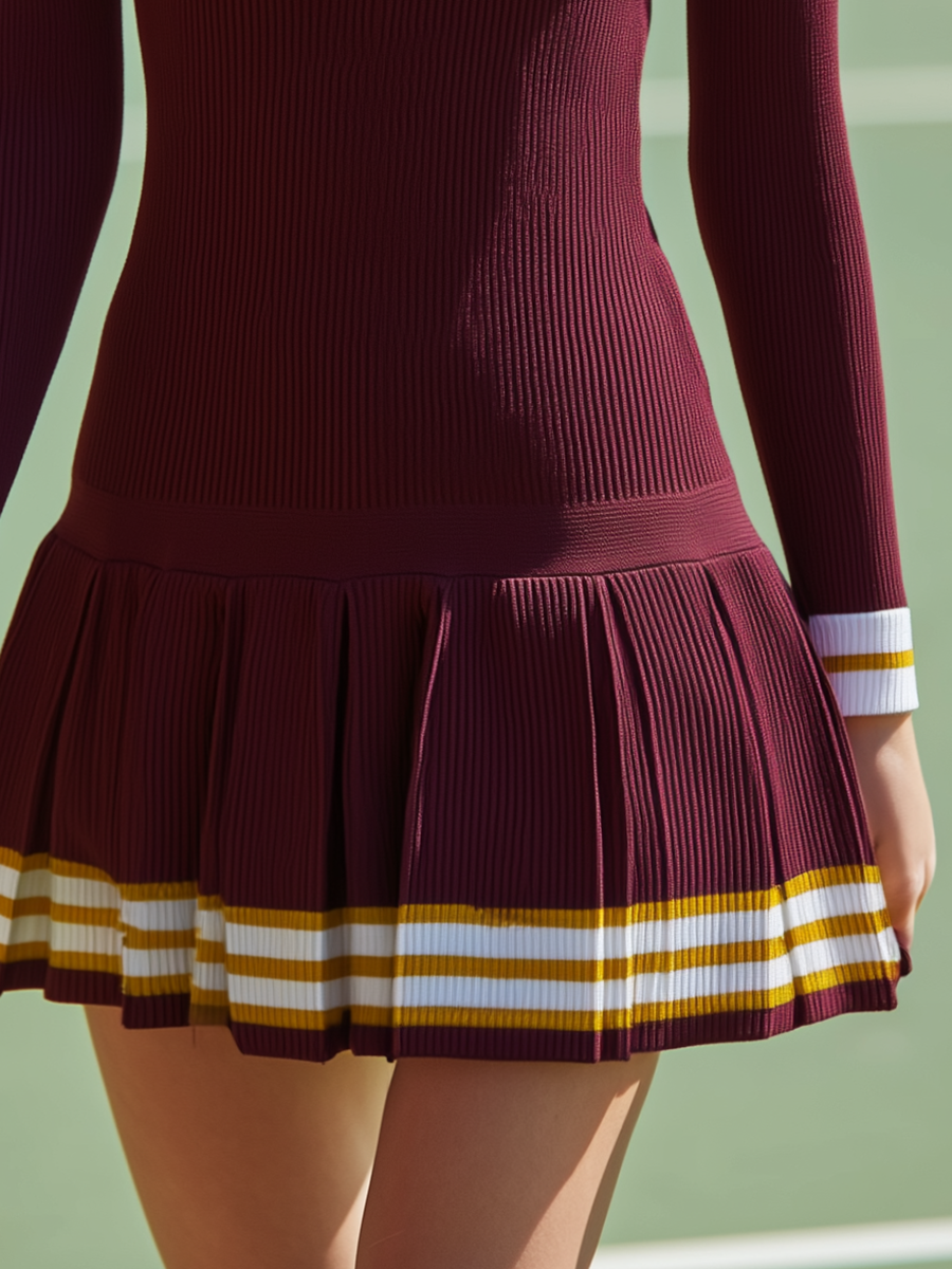 Trendy Sporty Red And White Striped Burgundy Knit Mini Dress