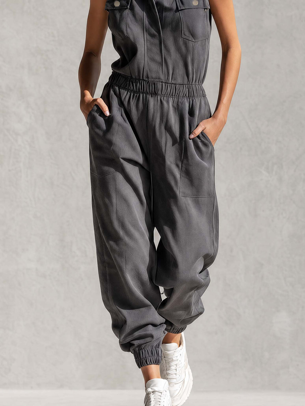 Stylish Simple Loose-fitting Sleeveless Stand-collar Front-buttoned Cotton Gray Jumpsuit