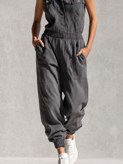 Stylish Simple Loose-fitting Sleeveless Stand-collar Front-buttoned Cotton Gray Jumpsuit