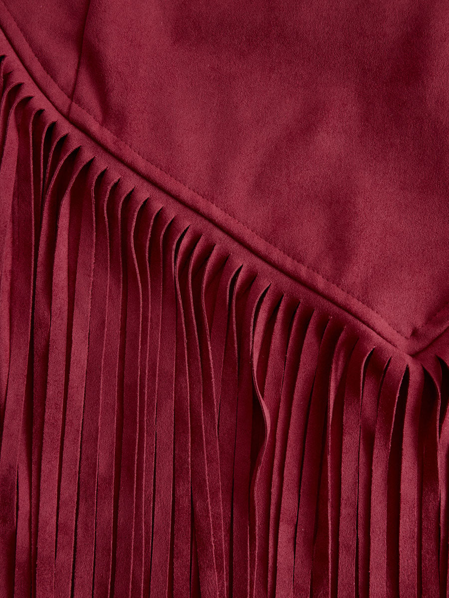 Western Retro Red Faux Suede Slit Fringe Midi Skirt