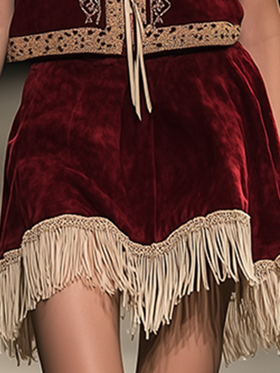 Retro Simple Embroidered Tassel Vest Short Skirt Set