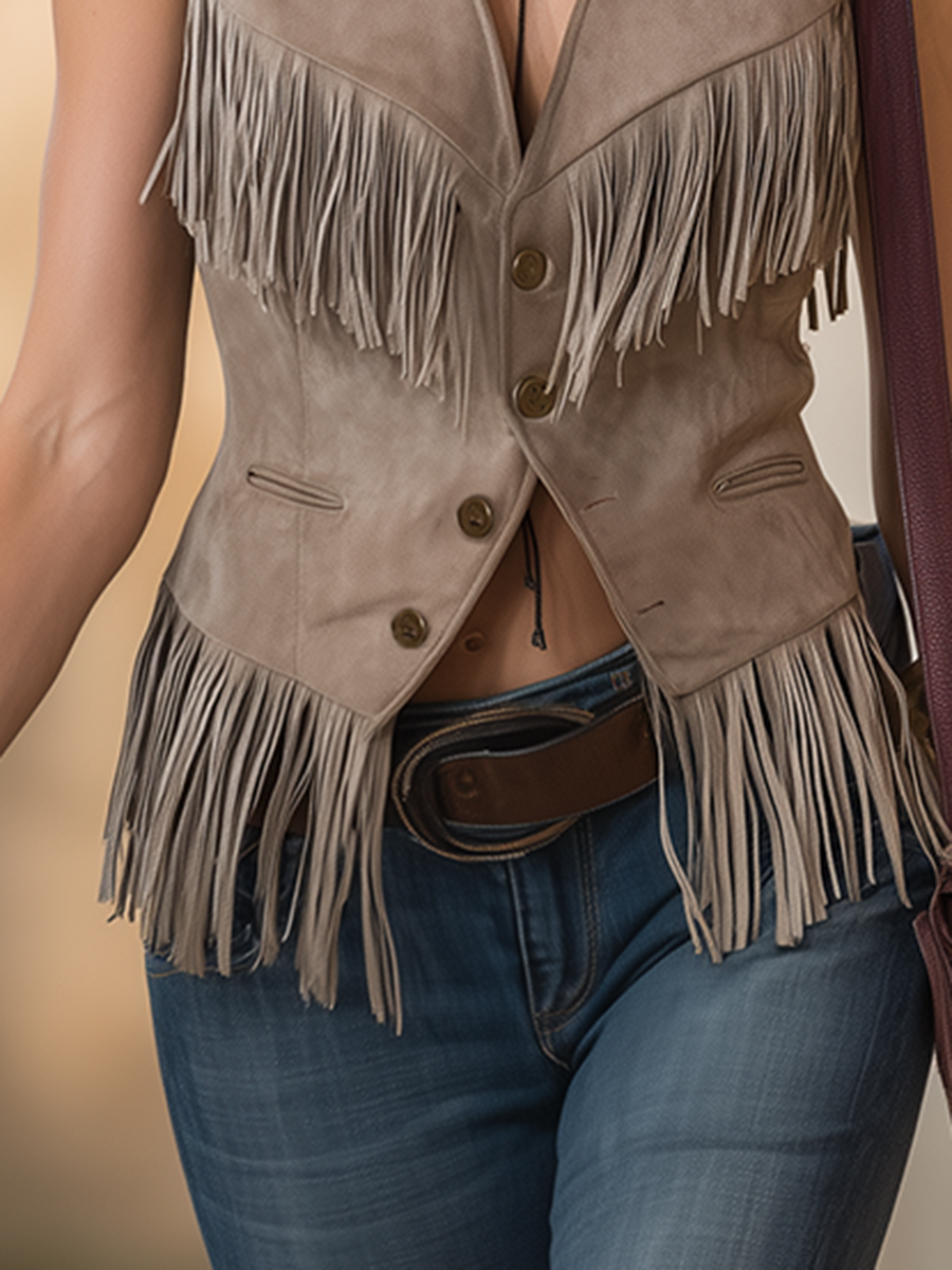 Western Style Star-studded Rhinestone Fringed Faux Suede Vest