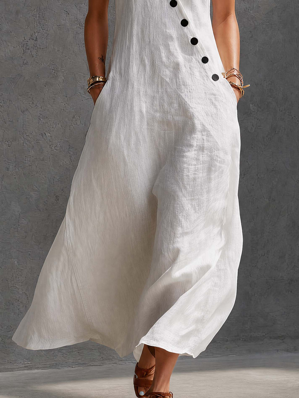 Stylish Simple Loose-fitting Sleeveless V-neck Diagonally Buttoned Cotton White Maxi Dress