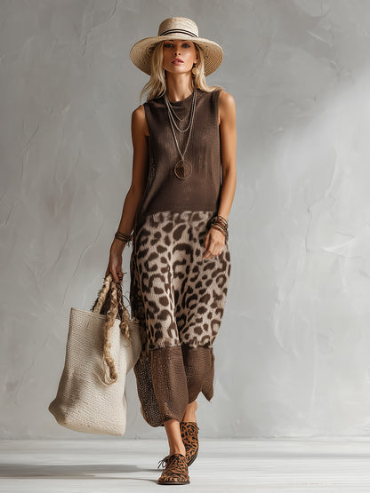 Elegant Brown Leopard Print Mesh Breathable Knit Sleeveless Maxi Dress