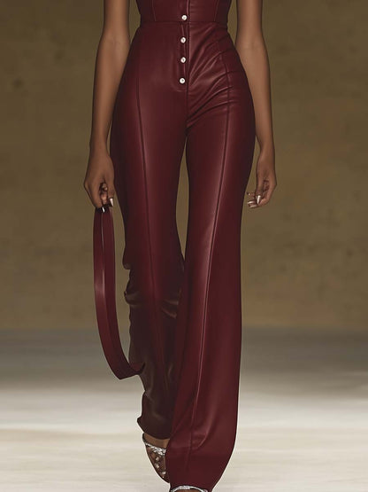 Personalized Hollow Collar Burgundy Leather Tights Jumpsuit