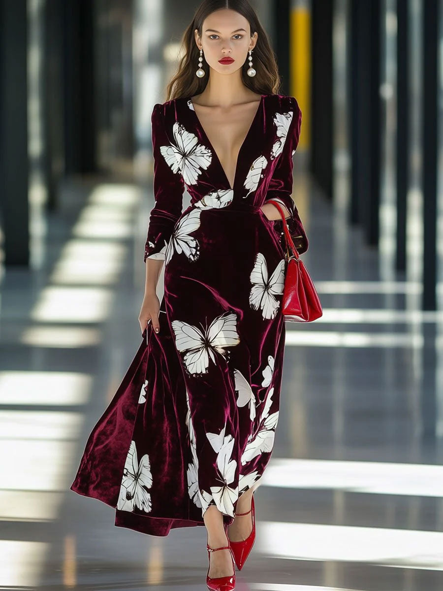 Fashion Retro Velvet Butterfly Print V-Neck Long Sleeve Slit Maxi Dress