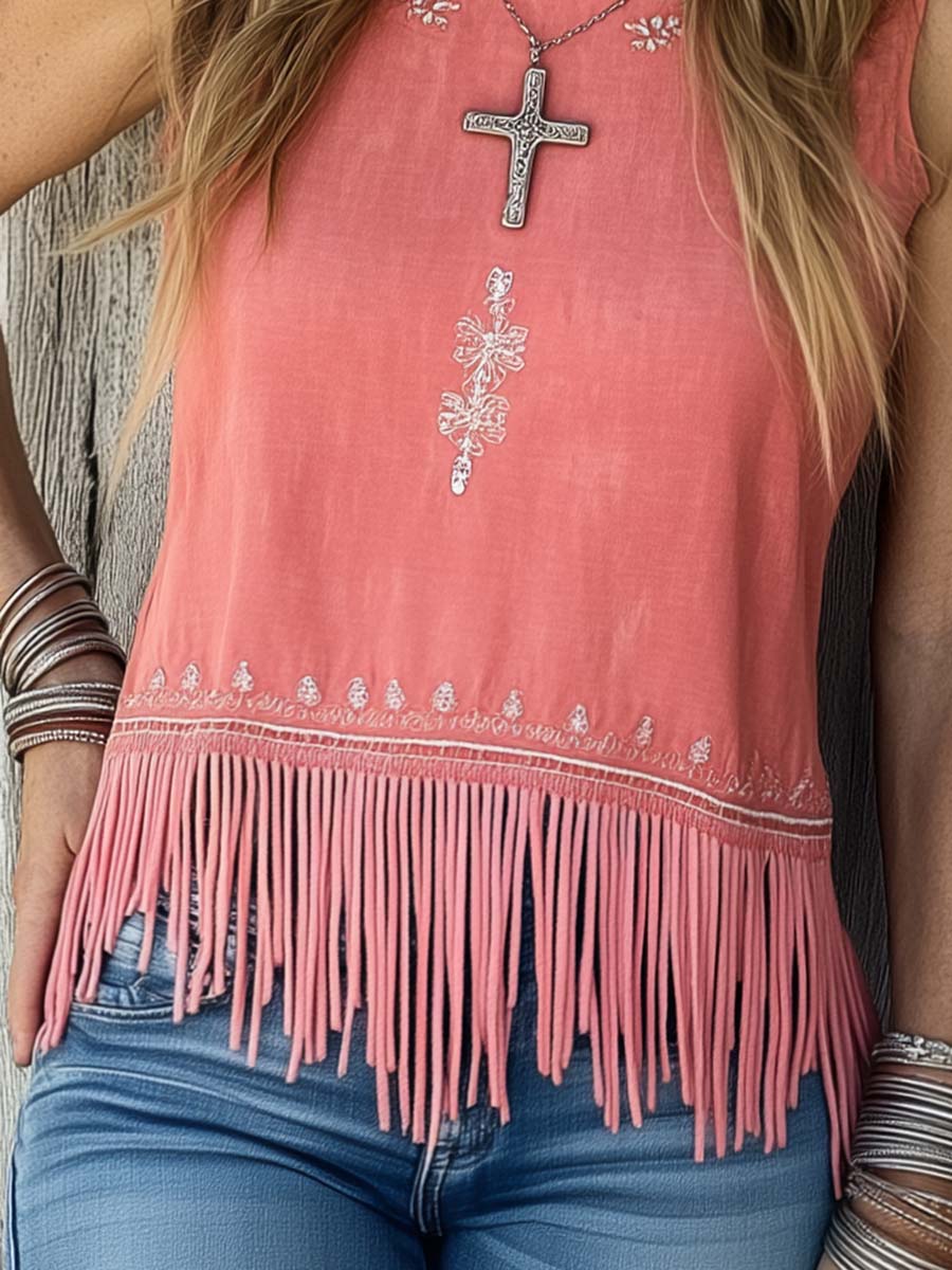 Fashionable Simple Western Embroidered Pink Tassel Vest