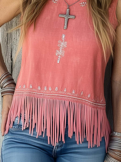 Fashionable Simple Western Embroidered Pink Tassel Vest