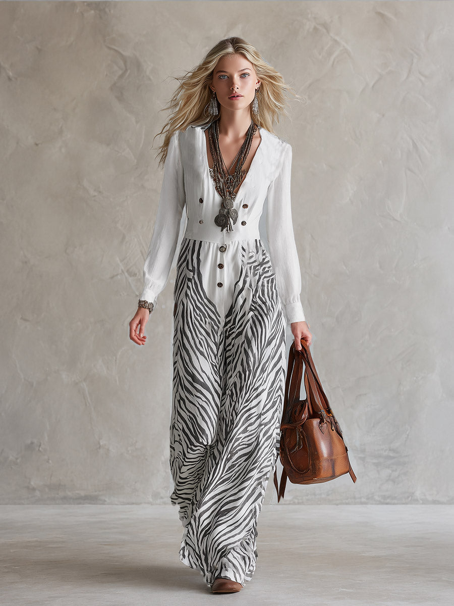 Chic Urban White Zebra-Print Long-Sleeve Wide-Leg Jumpsuit