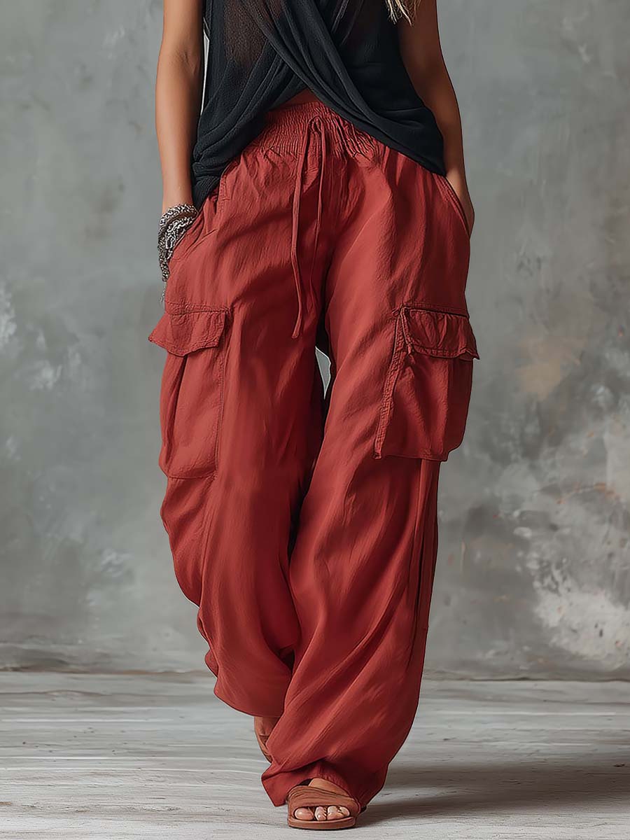 Retro Casual Workwear Style Red Cotton Pants Set
