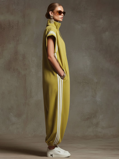 Casual Sports White Webbing Yellow-green Sleeveless Jumpsuit