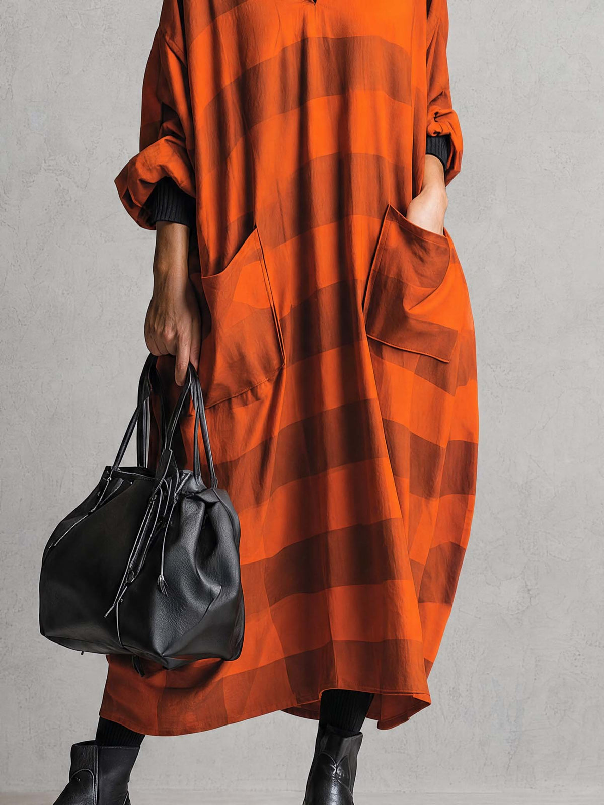 Vintage Fashion Ultra Loose V-neck Large Pockets Orange And Brown Wide Striped Maxi Dress