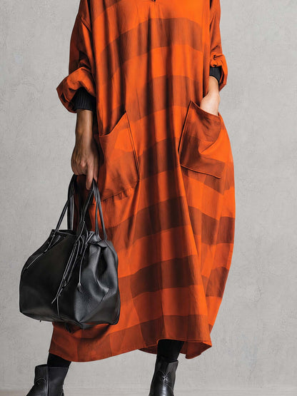 Vintage Fashion Ultra Loose V-neck Large Pockets Orange And Brown Wide Striped Maxi Dress