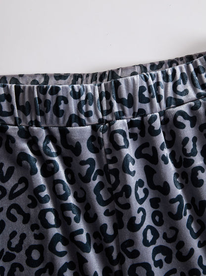 Sporty Retro Striped Mesh Sleeve Gray Leopard Print Velvet Sweatshirt And Pants Set