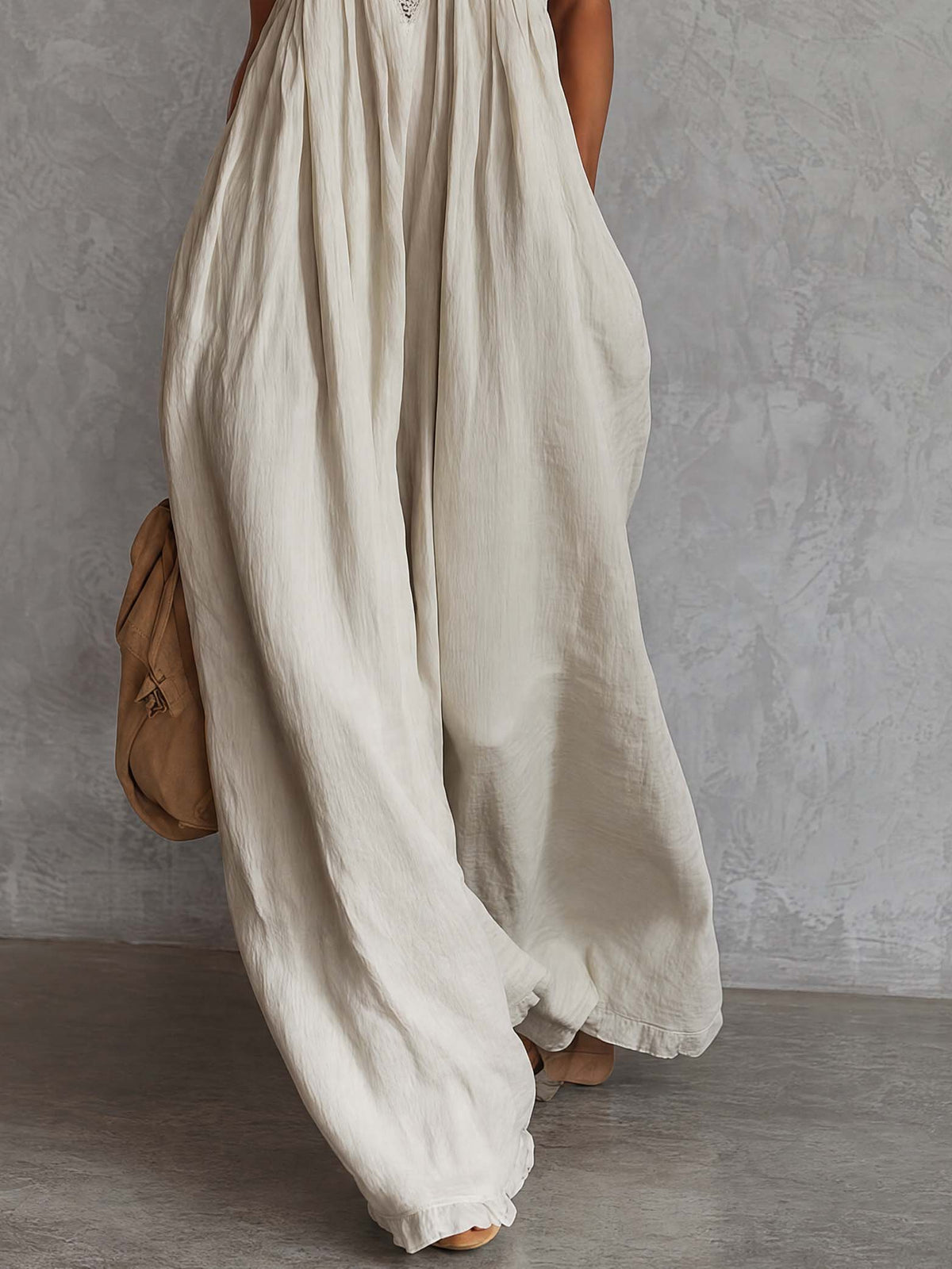 Retro Urban Bohemian V-neck Lace Trim Sleeveless Off-white Cotton Maxi Dress