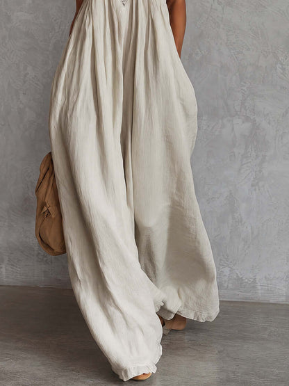 Retro Urban Bohemian V-neck Lace Trim Sleeveless Off-white Cotton Maxi Dress