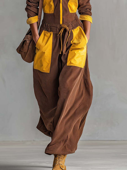 Retro Brown Mustard Color-Block Corduroy Zip-Front Wide-Leg Cargo Jumpsuit