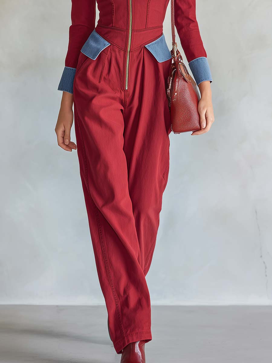 Western Red Denim Corset Off-Shoulder Zip-Front Long-Sleeve Wide-Leg Jumpsuit