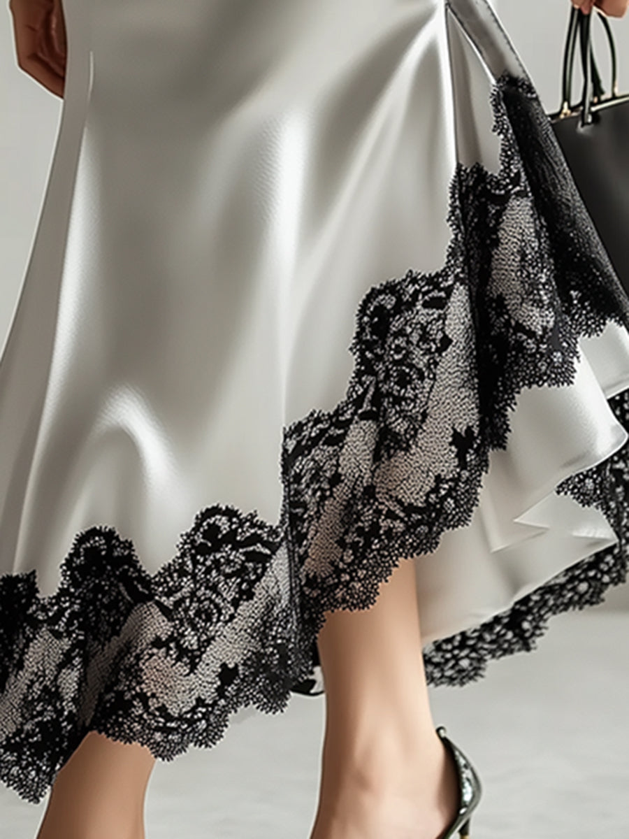 High-End Elegant And Fashionable Black Lace Trim Irregular Hem Satin Skirt