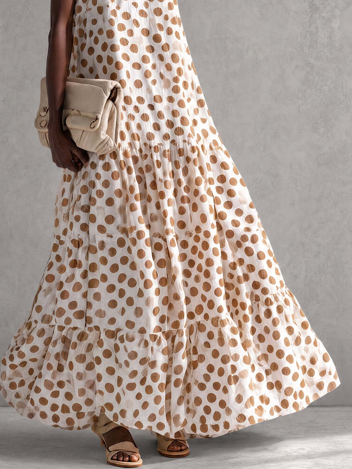 Fashionable Sophisticated Elegant Round Neck Sleeveless Polka Dot Printed Off-white Chiffon Vacation Maxi Dress
