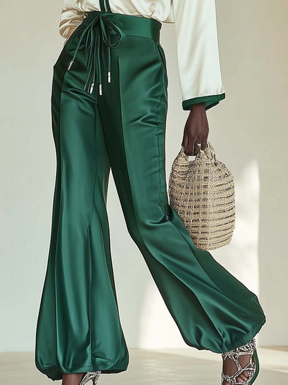 Elegant and Stylish Light Satin Off-white Top and Green Trousers Set